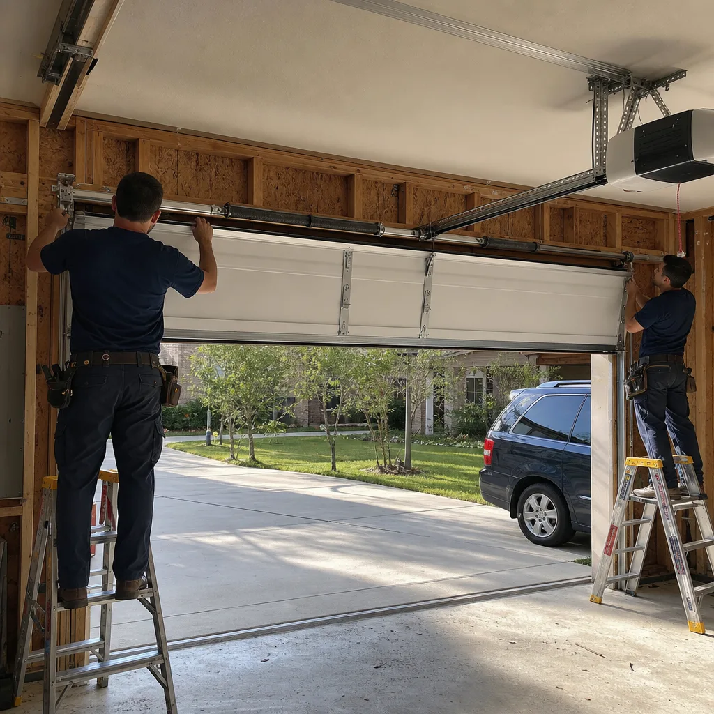 Two professional technicians performing a garage door installation service.