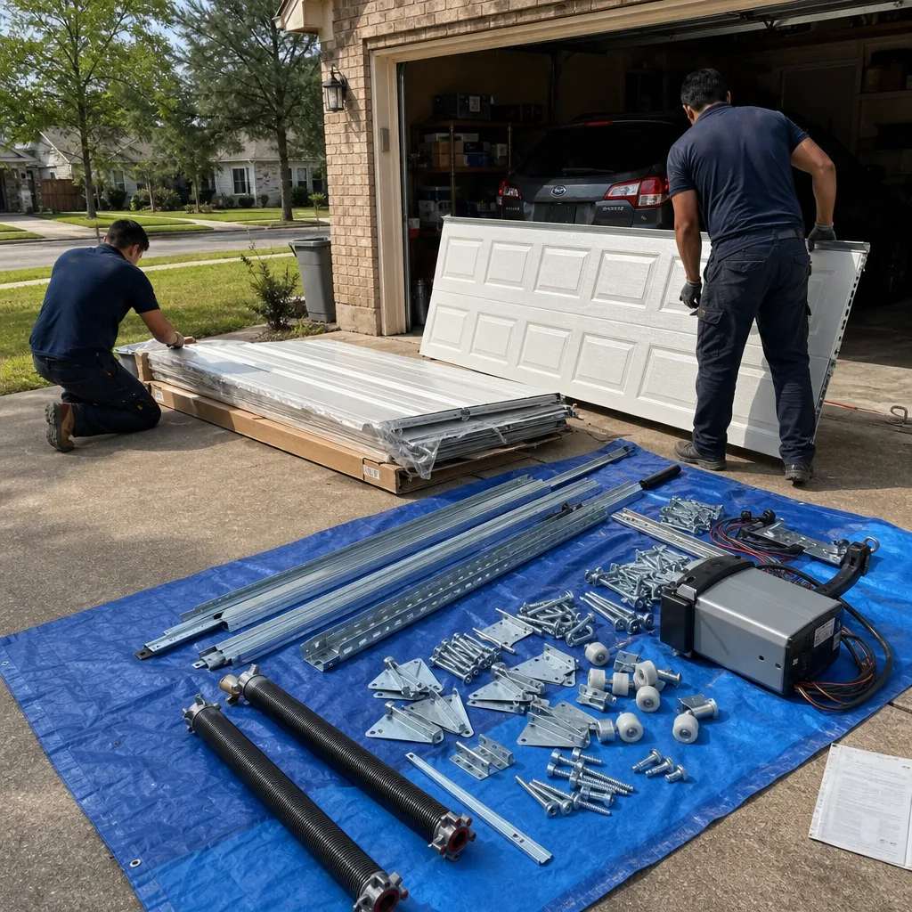 Technicians performing a professional garage door installation on a residential driveway.