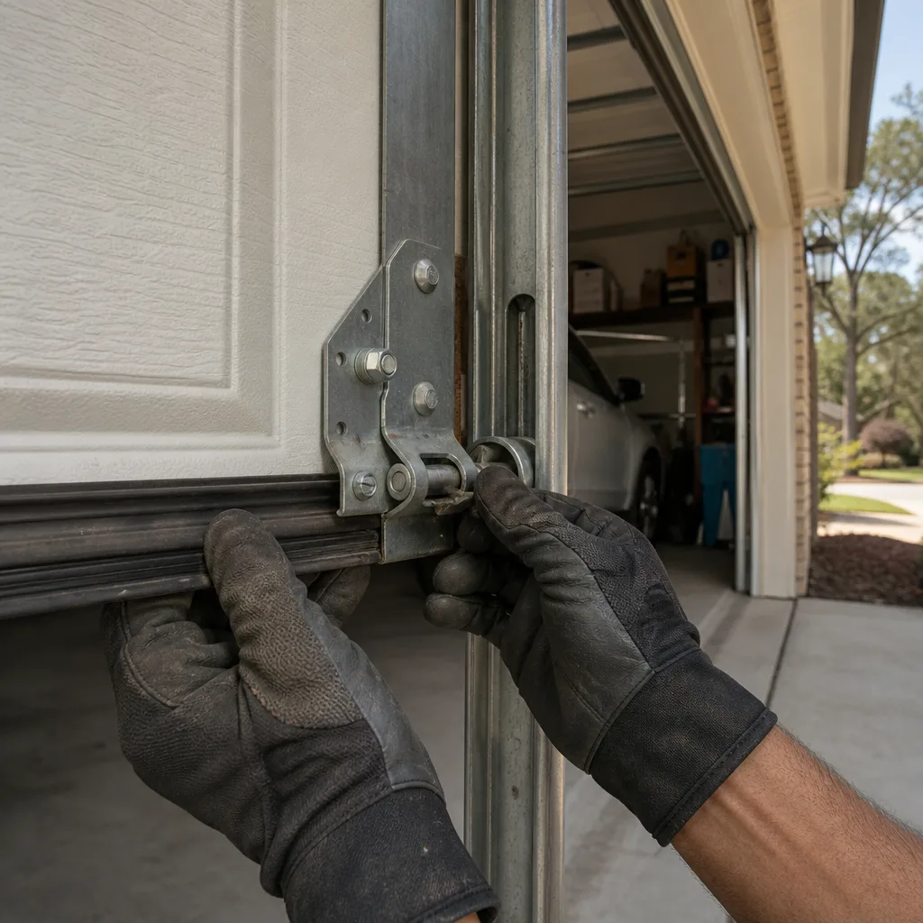 Technician performing professional garage door hinge maintenance and repair