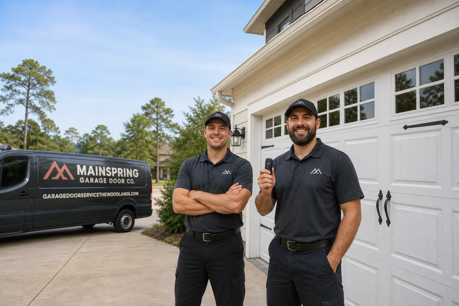 Mainspring Garage Door Co. garage door service vehicle and crew in The Woodlands, TX